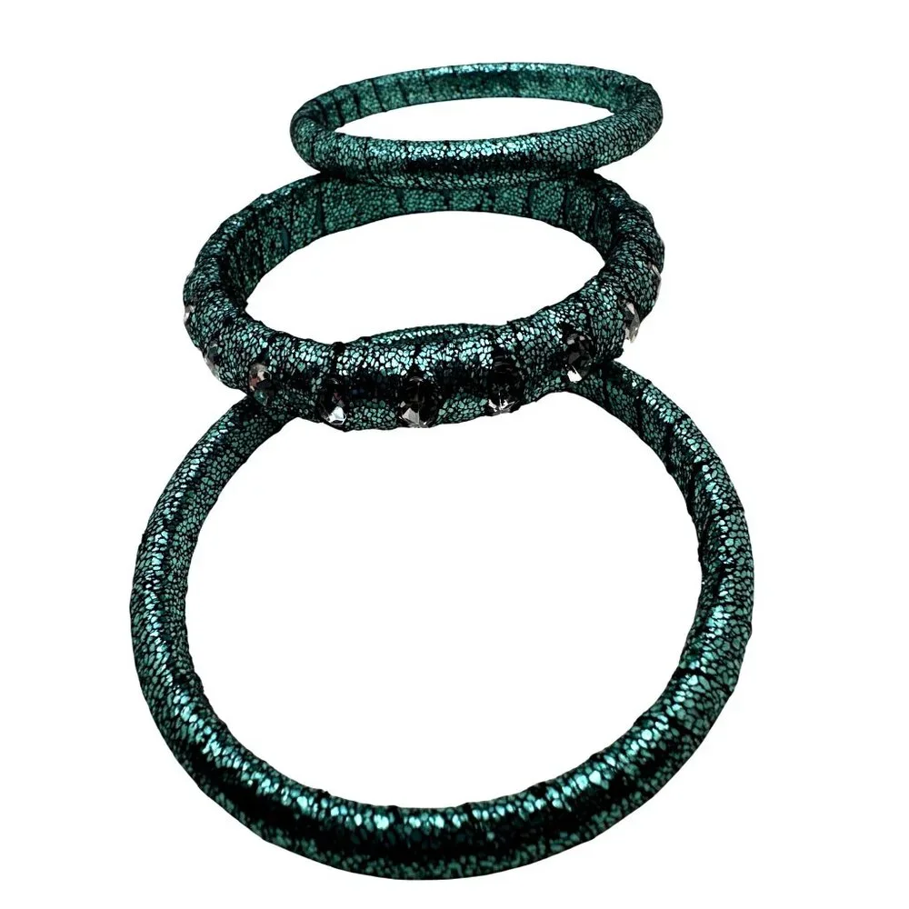 Metallic Teal Black Bangle Bracelet Stacked 3 Piece Shimmer Chic Cosplay Costume - Picture 4 of 5
